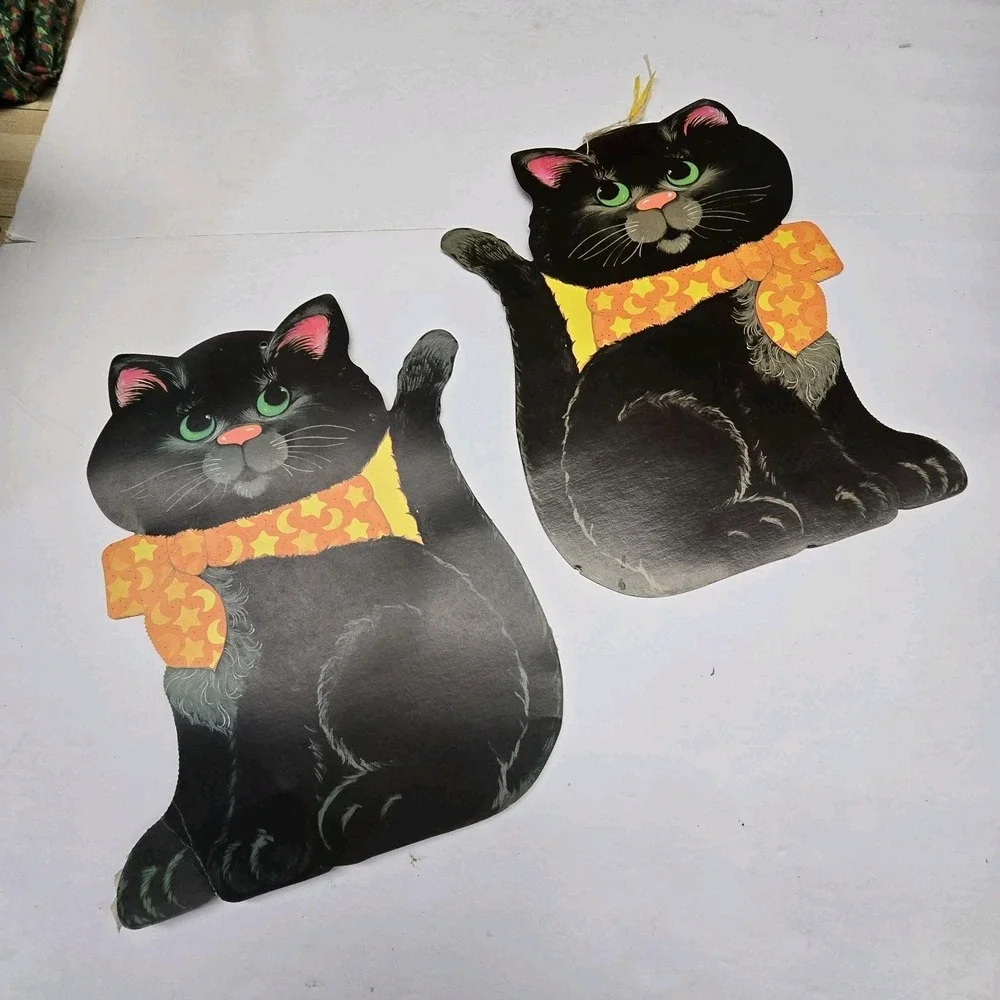Vintage 80s 90s Halloween EUREKA Die Cut Double Side BLACK CAT Sorcerer SET 2